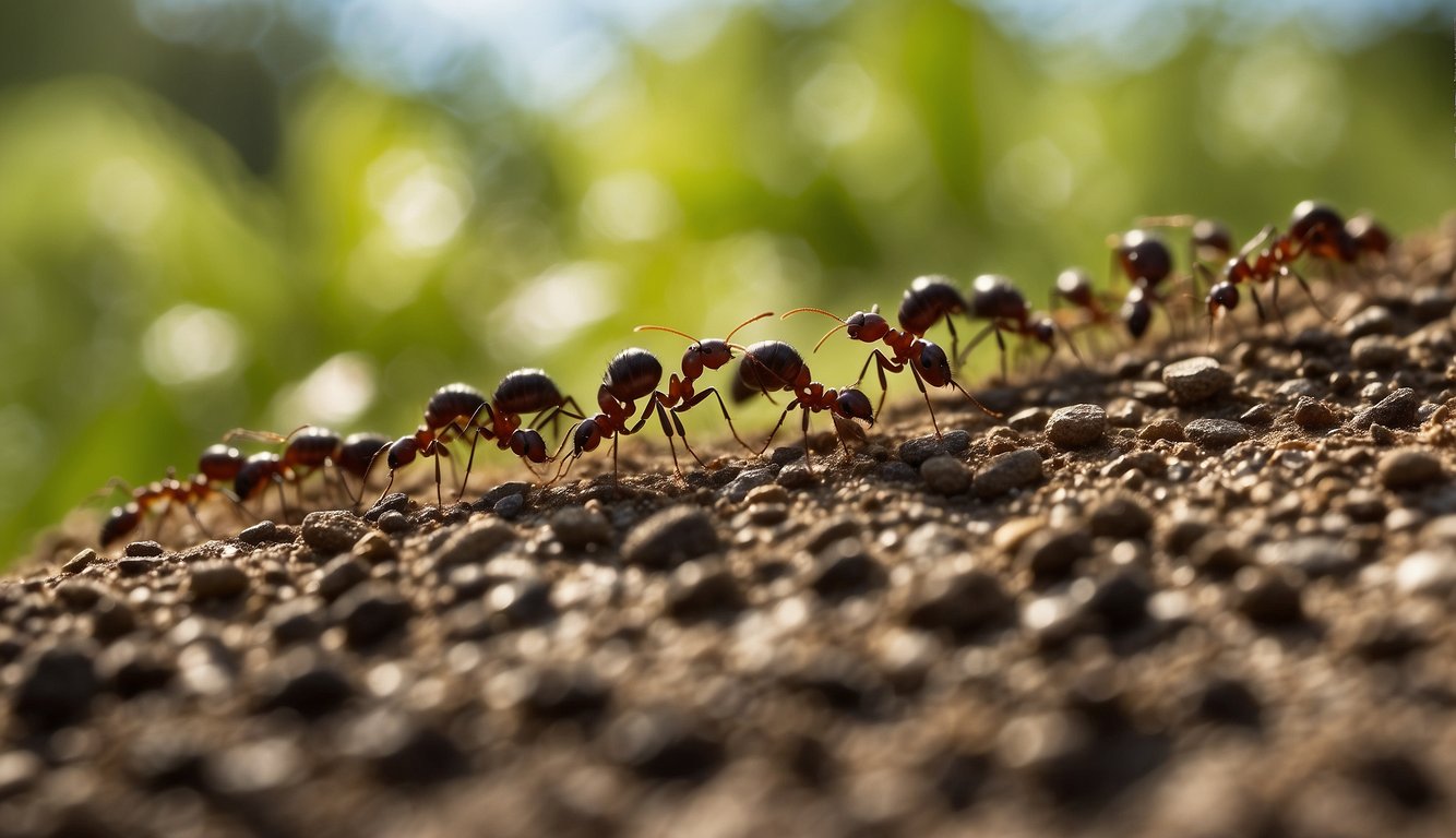 Ants marching away from a line of organic ant repellent, avoiding the area