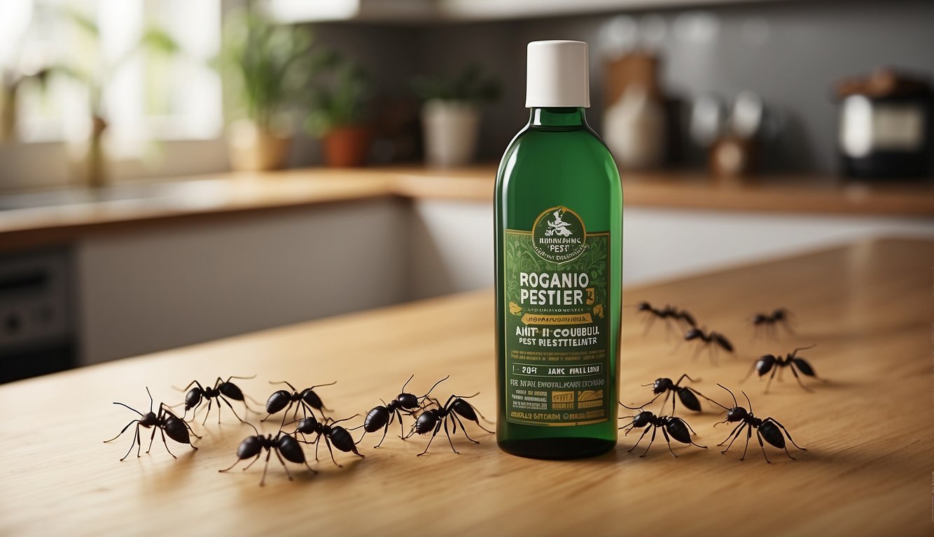 A group of ants fleeing from a bottle labeled "Professional Pest Control organic ant repellent" placed on a kitchen countertop
