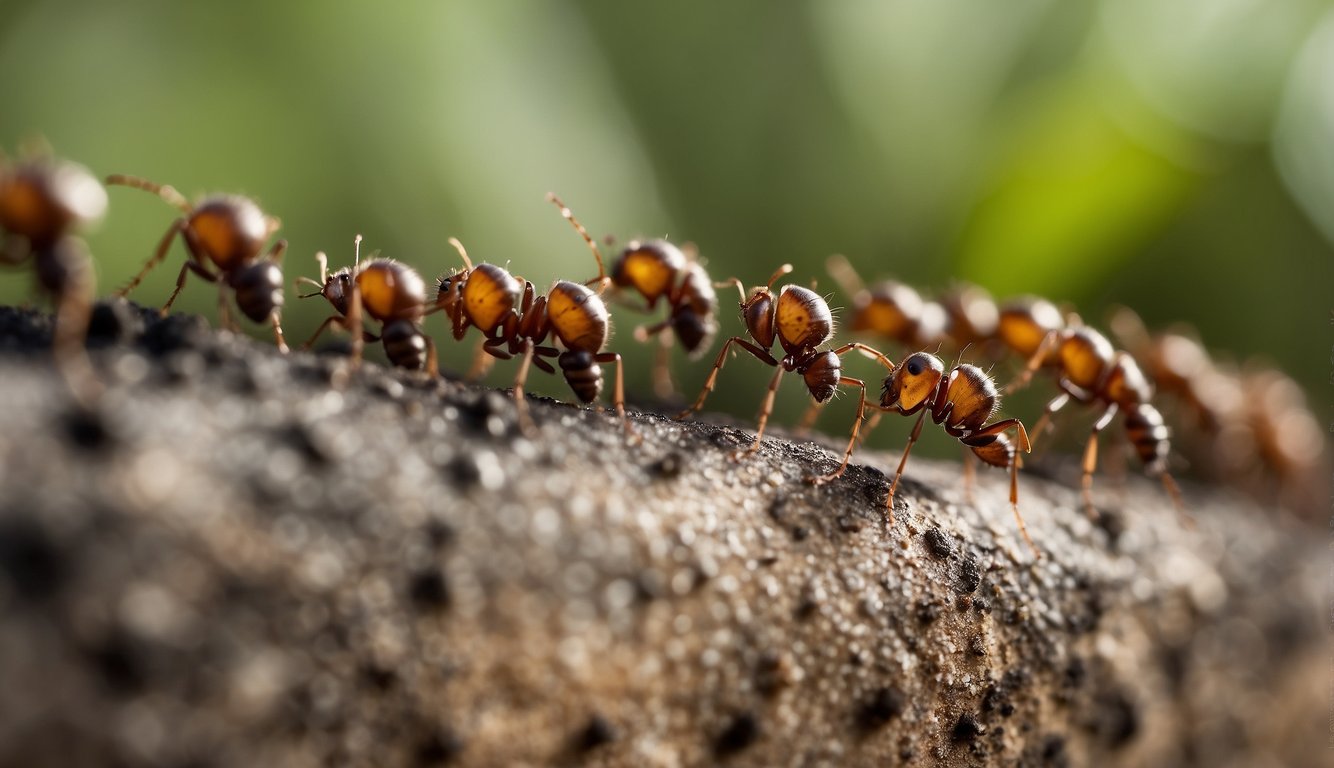 A line of ants approaching a barrier of natural repellent, with a clear "Frequently Asked Questions" label