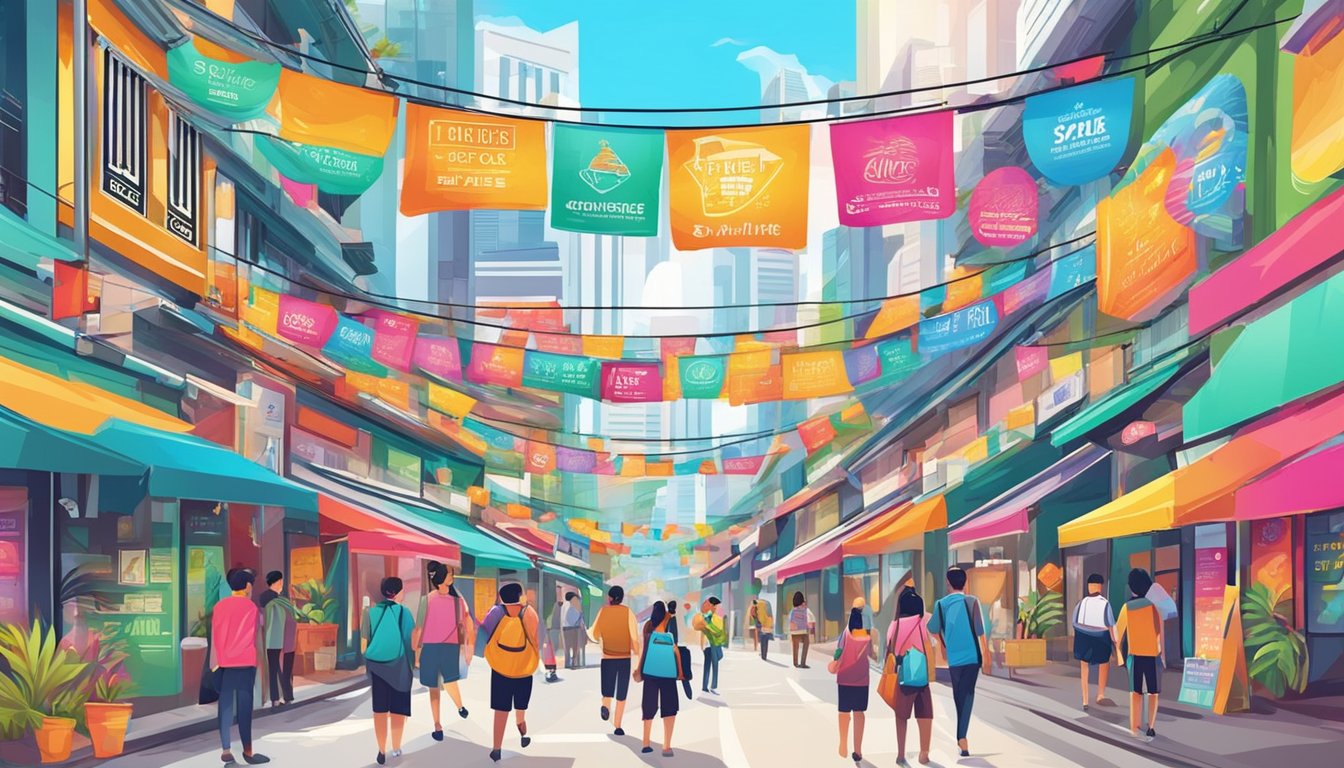 Vibrant signs and banners fill the streets of Singapore, showcasing unmissable deals and discounts. Bright colors and bold text draw in passersby