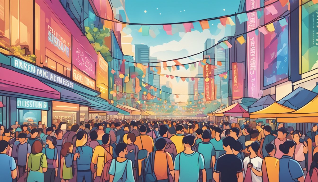 A colorful banner hangs above a bustling crowd, with the words "Frequently Asked Questions Singapore Promotion" in bold lettering. Bright lights and excited shoppers fill the scene