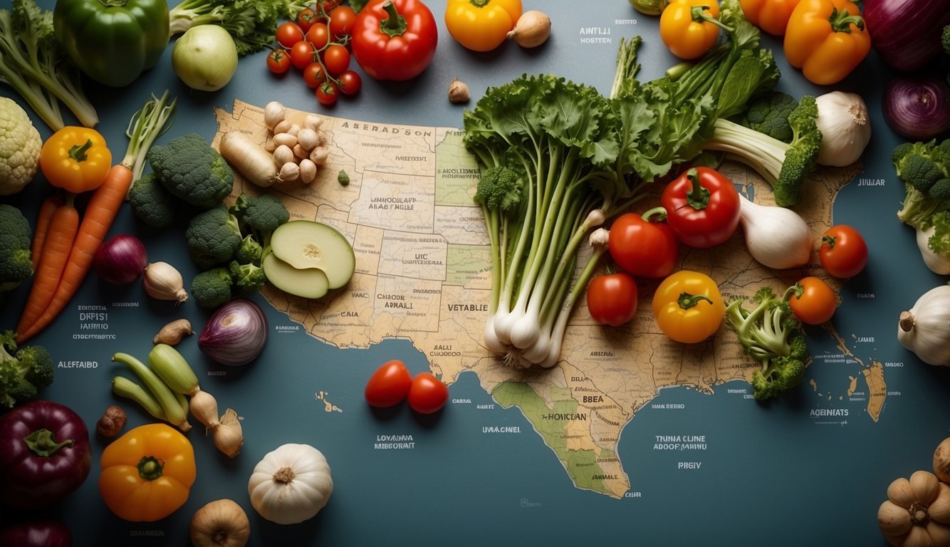 A map surrounded by diverse vegetables with ambiguous names