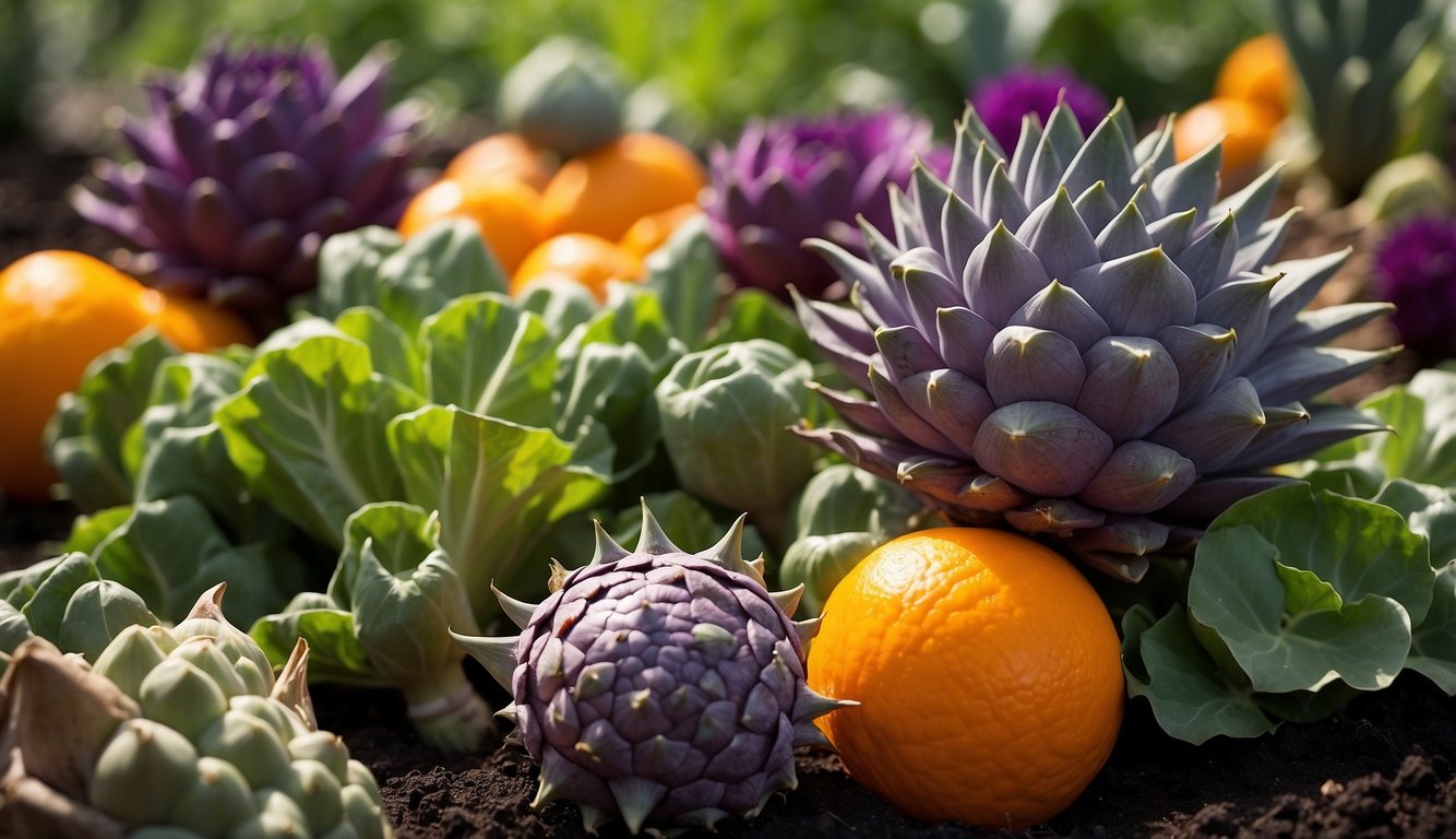 Vibrant, exotic vegetables sprawl across a lush garden. Unusual shapes and colors, from spiky purple artichokes to knobby orange kohlrabi, create a visually stunning display