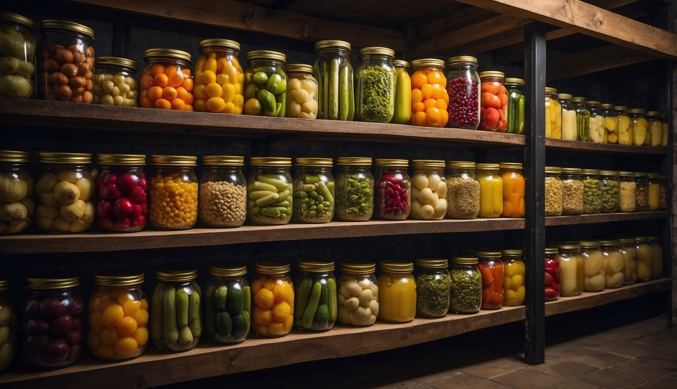 Various vegetables are stored in a dimly lit cellar, labeled with obscure names. Jars of pickled produce line the shelves, preserving the unique flavors