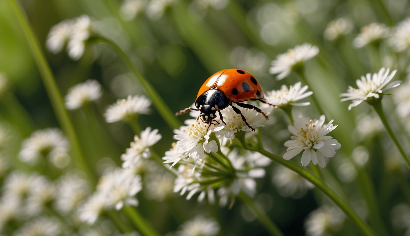 A garden with ladybugs swarming around aphid-infested plants, while a pest control worker sprays organic solution