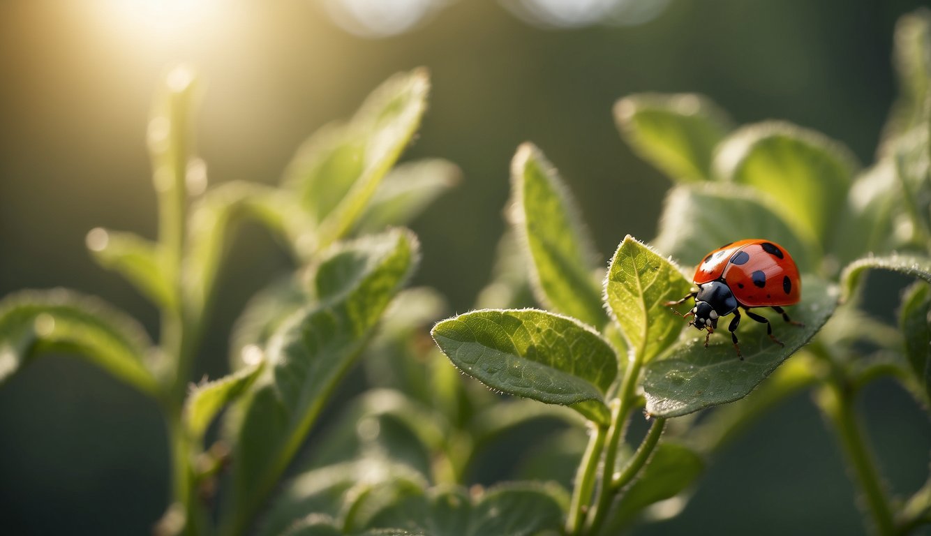 Ladybug elimination: A hand spraying insecticide on a cluster of ladybugs on a plant