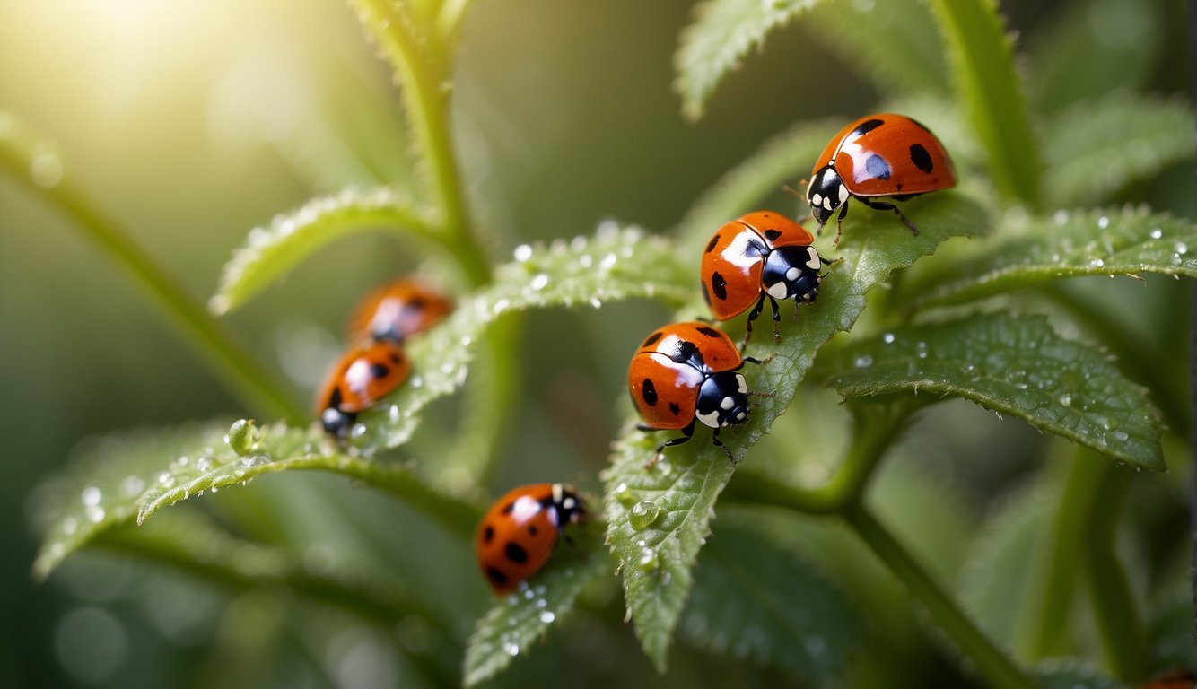 Ladybugs swarm over aphid-infested plants. A gardener sprays them with a natural insecticide, but some ladybugs resist and continue feeding on the pests
