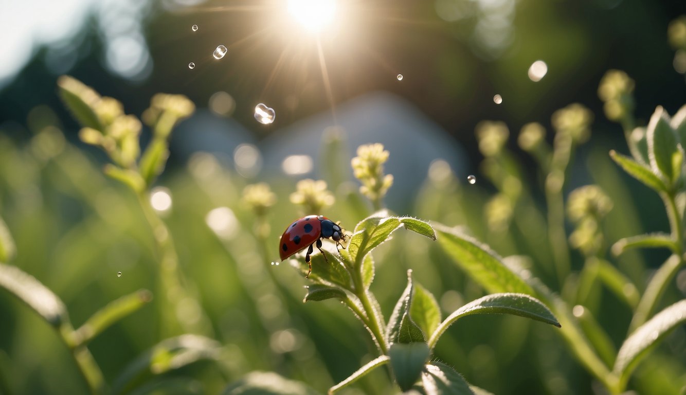 A ladybug exterminator sprays pesticide on a garden plant, while a swarm of ladybugs scatter in all directions