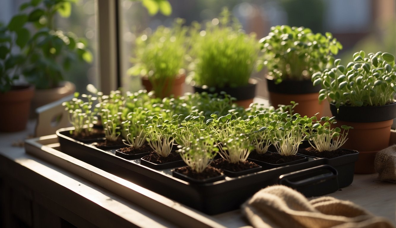 Lush microgreen plants sprout from small trays on a sunlit windowsill, surrounded by gardening tools and bags of soil