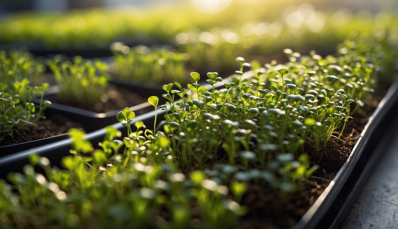 Lush microgreen plants thrive in bright, indirect sunlight, with consistent moisture and well-draining soil