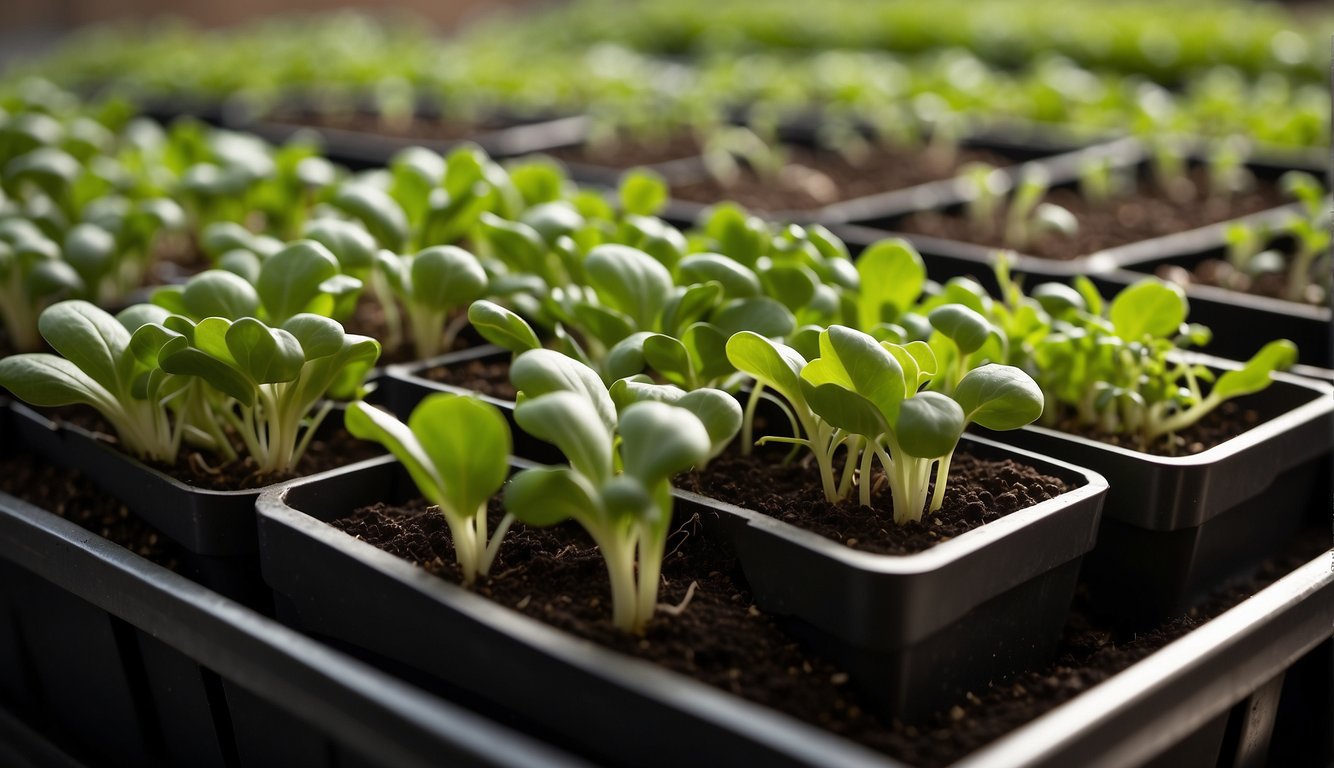 Various microgreen plants, including broccoli, radish, and sunflower, are growing in small trays with rich, dark soil. The vibrant green leaves are reaching towards the light, creating a beautiful and diverse display of miniature foliage