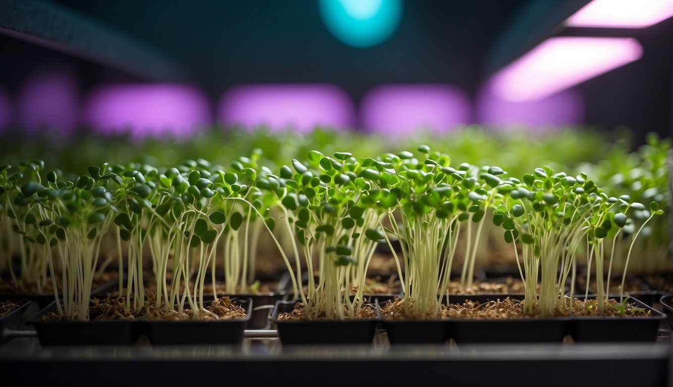 Lush microgreen plants thriving under specialized grow lights in a controlled indoor environment