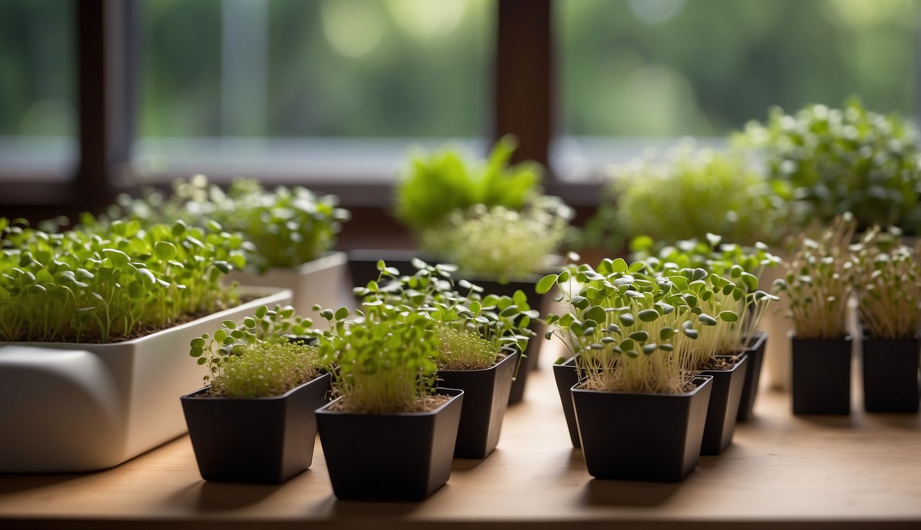 A variety of microgreen kits and accessories displayed on a table, surrounded by vibrant and healthy microgreen plants in different stages of growth