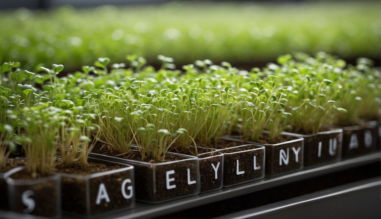 Vibrant microgreen plants arranged in neat rows, with a sign reading "Frequently Asked Questions" in a bright, modern font