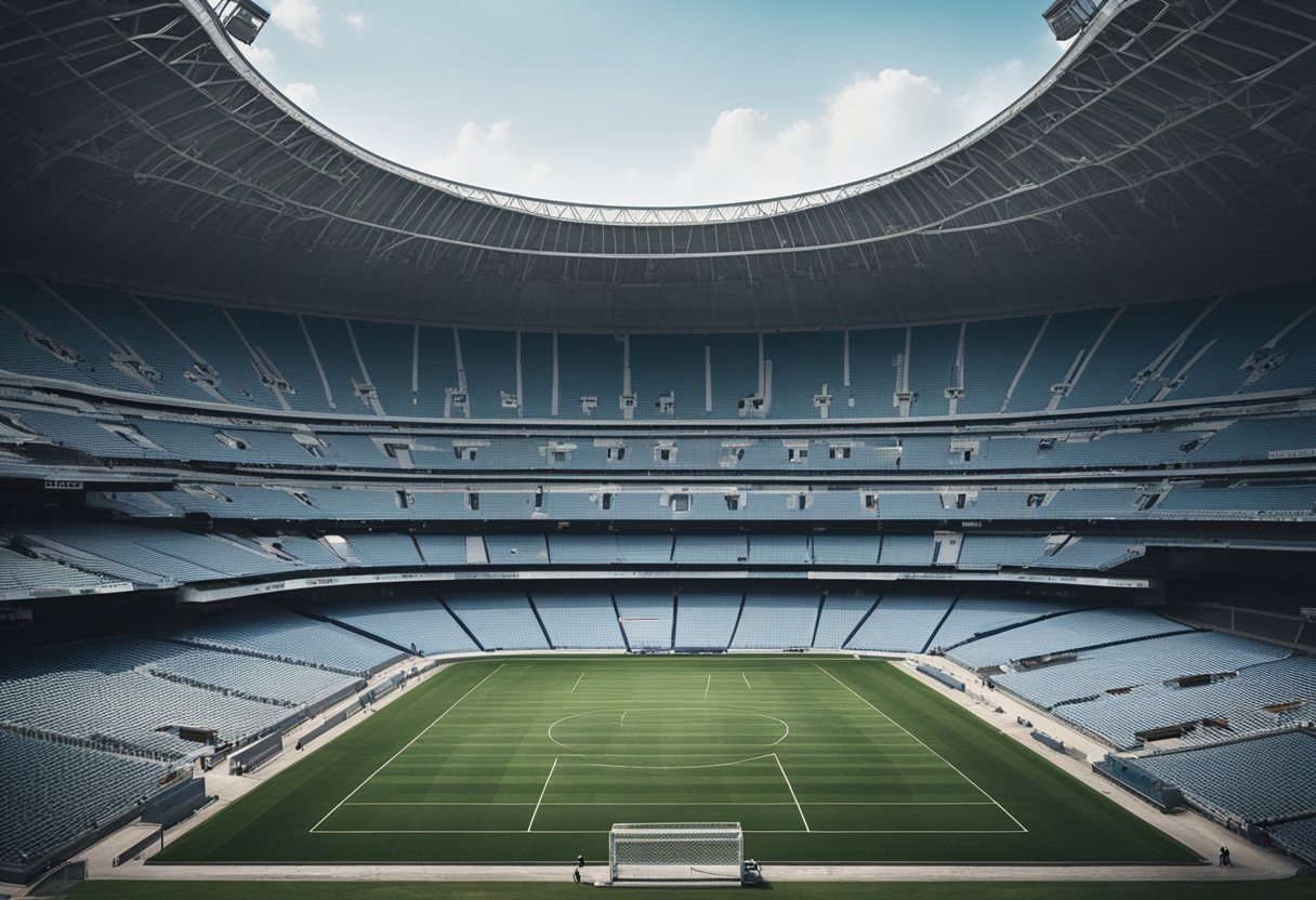 The stadium is a grand structure with multiple levels and seating sections arranged in a circular pattern around the central field. The construction is sturdy and well-designed, with clear pathways and access points for spectators