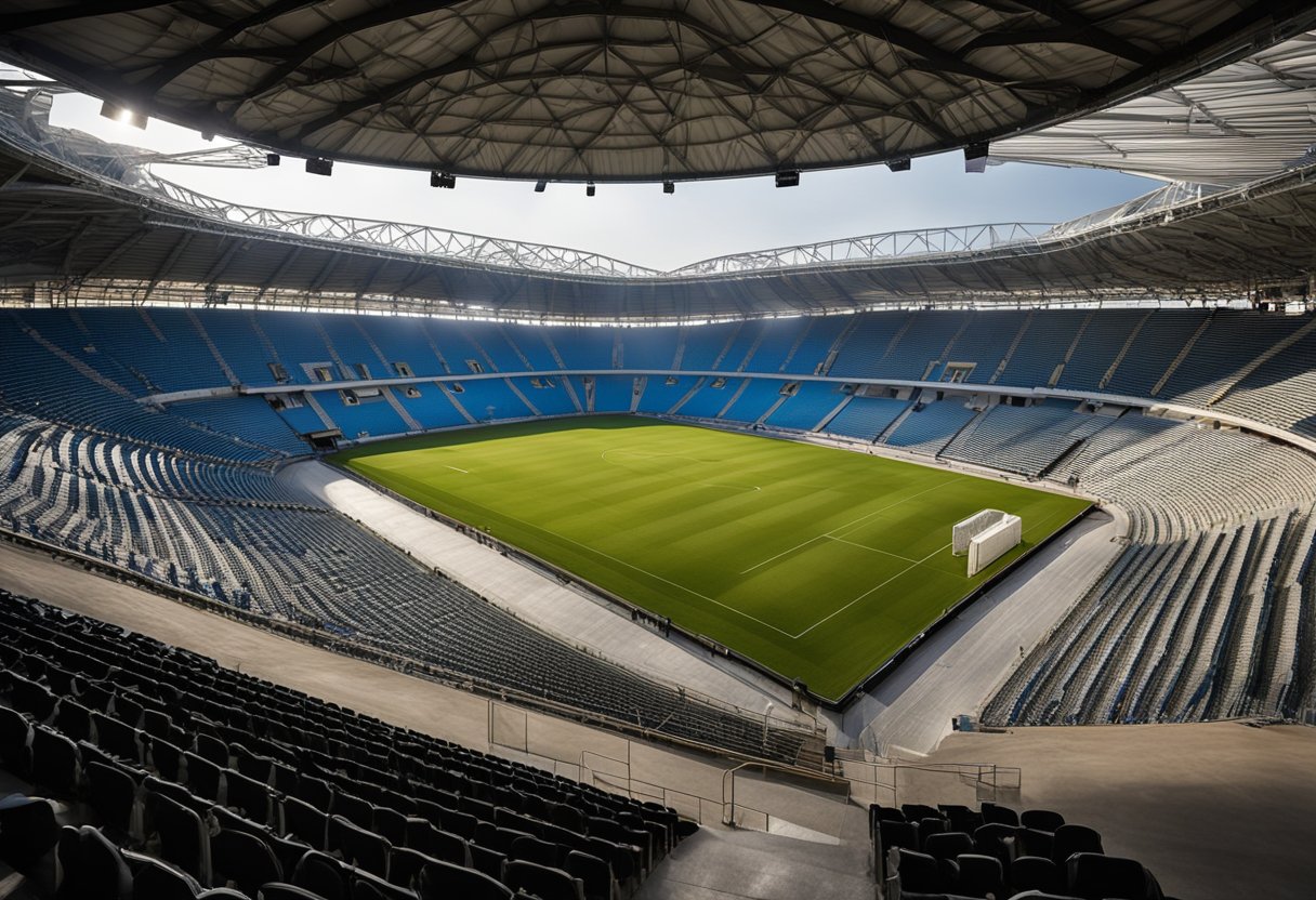 Inside Bohlokong Stadium, the construction features a large central field surrounded by tiered seating, with a capacity of 10,000 spectators. The seating plan includes designated areas for VIPs, general admission, and accessible seating