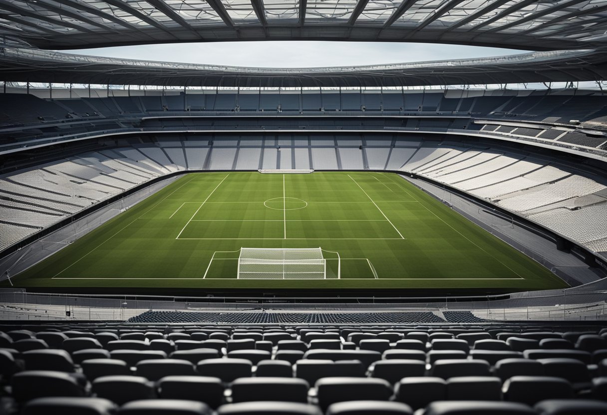 The stadium features modern design with sleek lines and a spacious seating plan. The architecture highlights a blend of functionality and aesthetic appeal