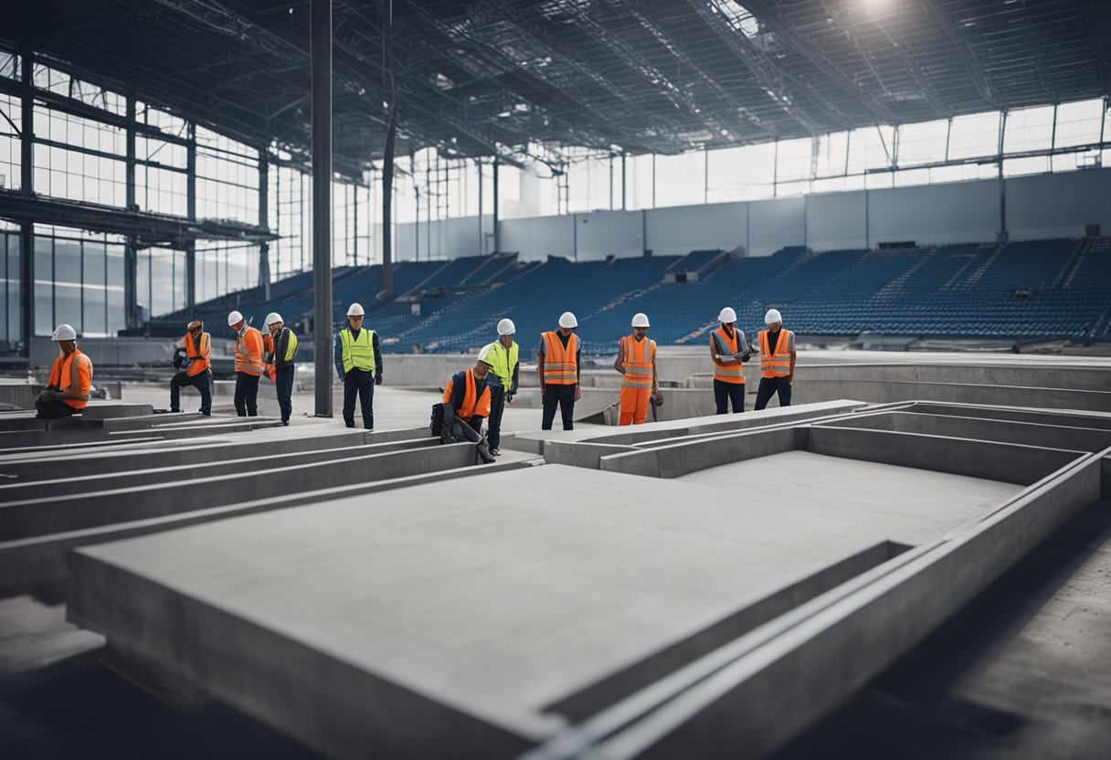 Construction workers lay concrete and steel beams in the stadium. Seating plan blueprints are spread out on a table nearby