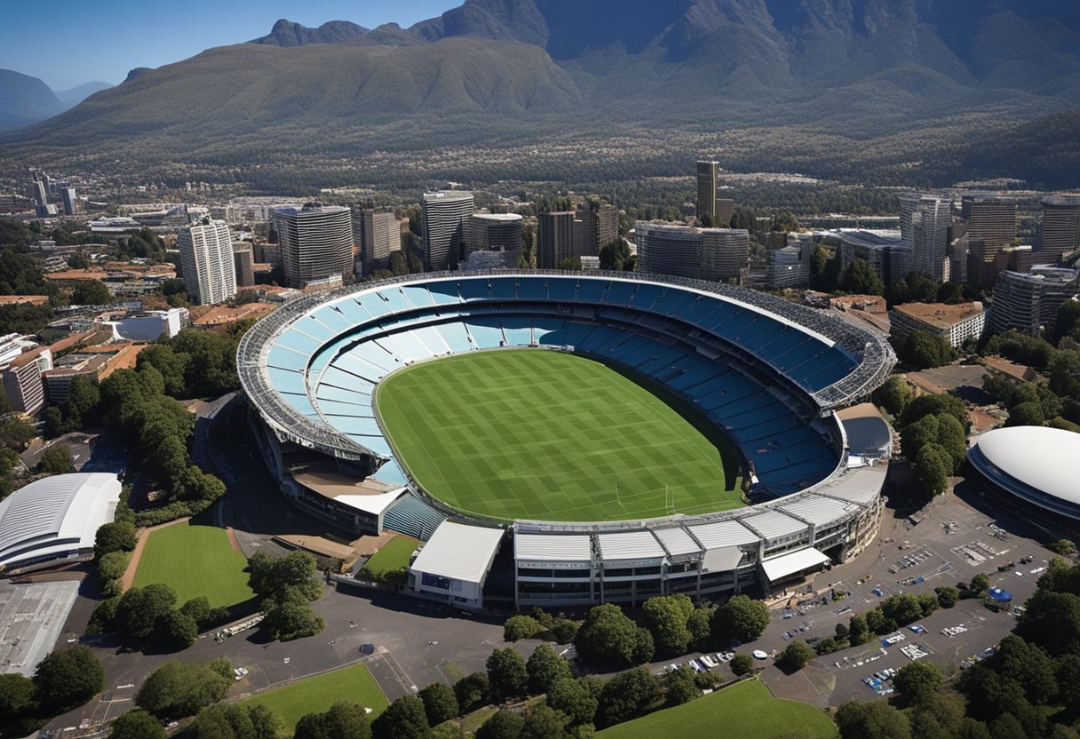 The stadium stands tall, with a sweeping view of the field and the surrounding seating plan, showcasing the rich history and construction of Newlands Rugby Stadium