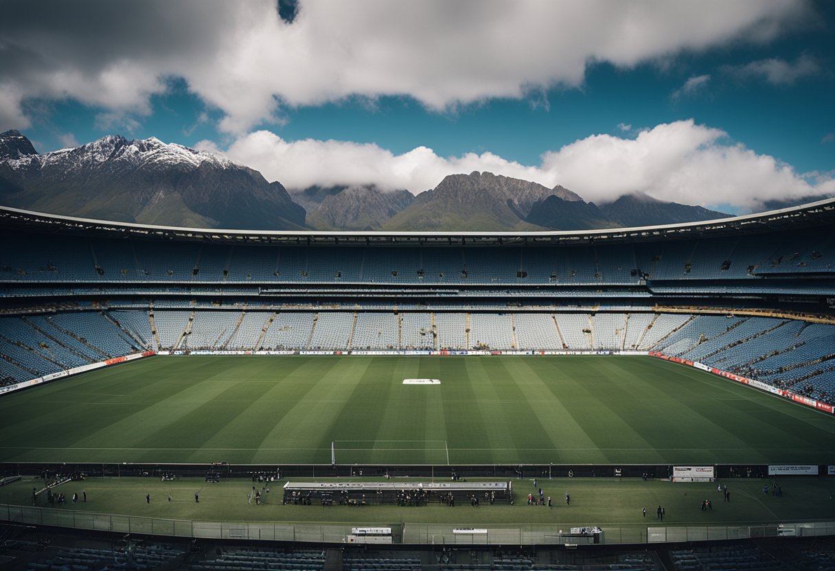 The Newlands Rugby Stadium is a massive structure with multiple levels of seating, a large playing field, and clear aisleways for easy access