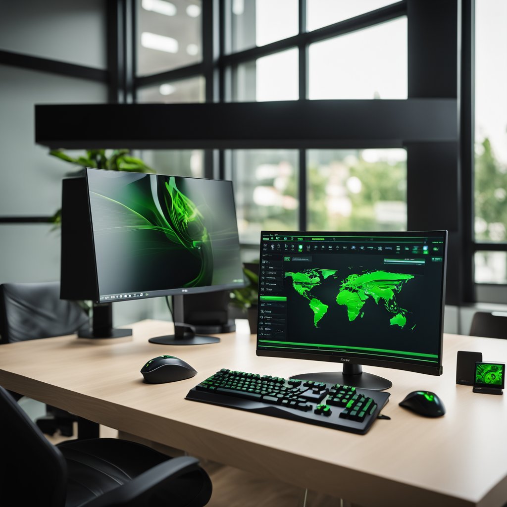 A computer monitor displays the Razer Synapse interface with customizable settings and options. A keyboard and mouse are positioned nearby, ready for configuration