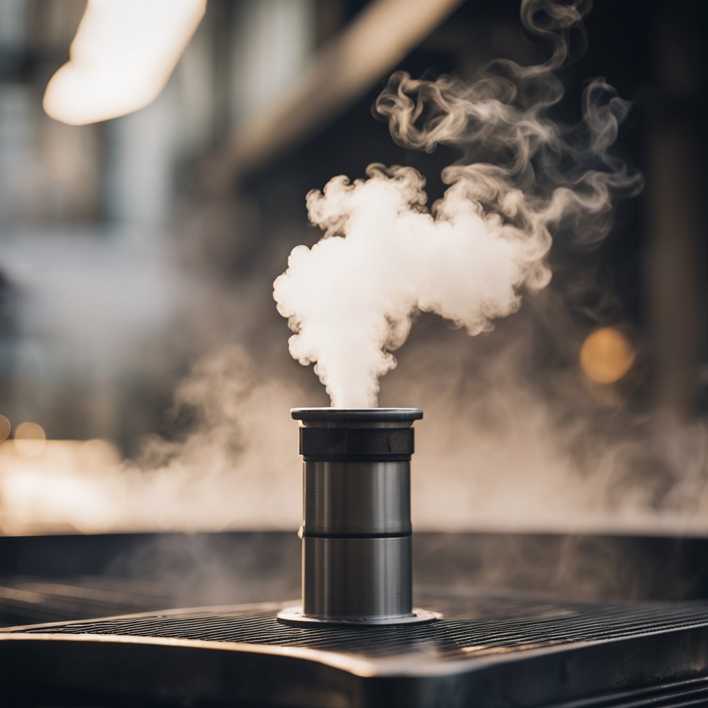 Steam rises from a metal deck, swirling in the air with a high resolution