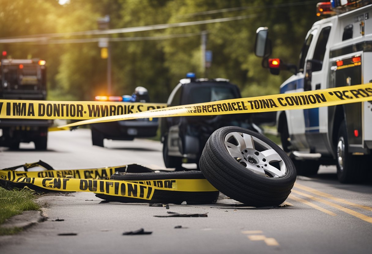 A truck lies overturned on a busy street in Bluffton, surrounded by debris and emergency vehicles. Yellow caution tape cordons off the area as onlookers gather