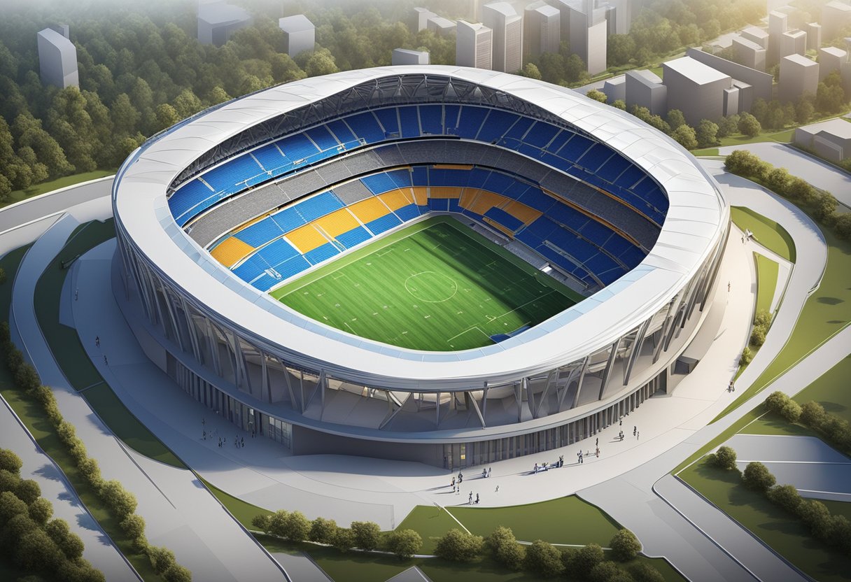 The stadium stands tall, with a grand archway entrance and tiered seating stretching around the field. The construction is modern and sleek, with a clear view of the playing area from every angle