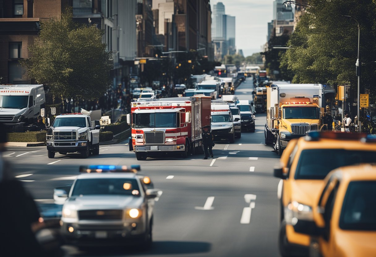 A busy street with a truck accident scene, lawyer's office sign visible in the background. The atmosphere is tense, with emergency vehicles and concerned onlookers