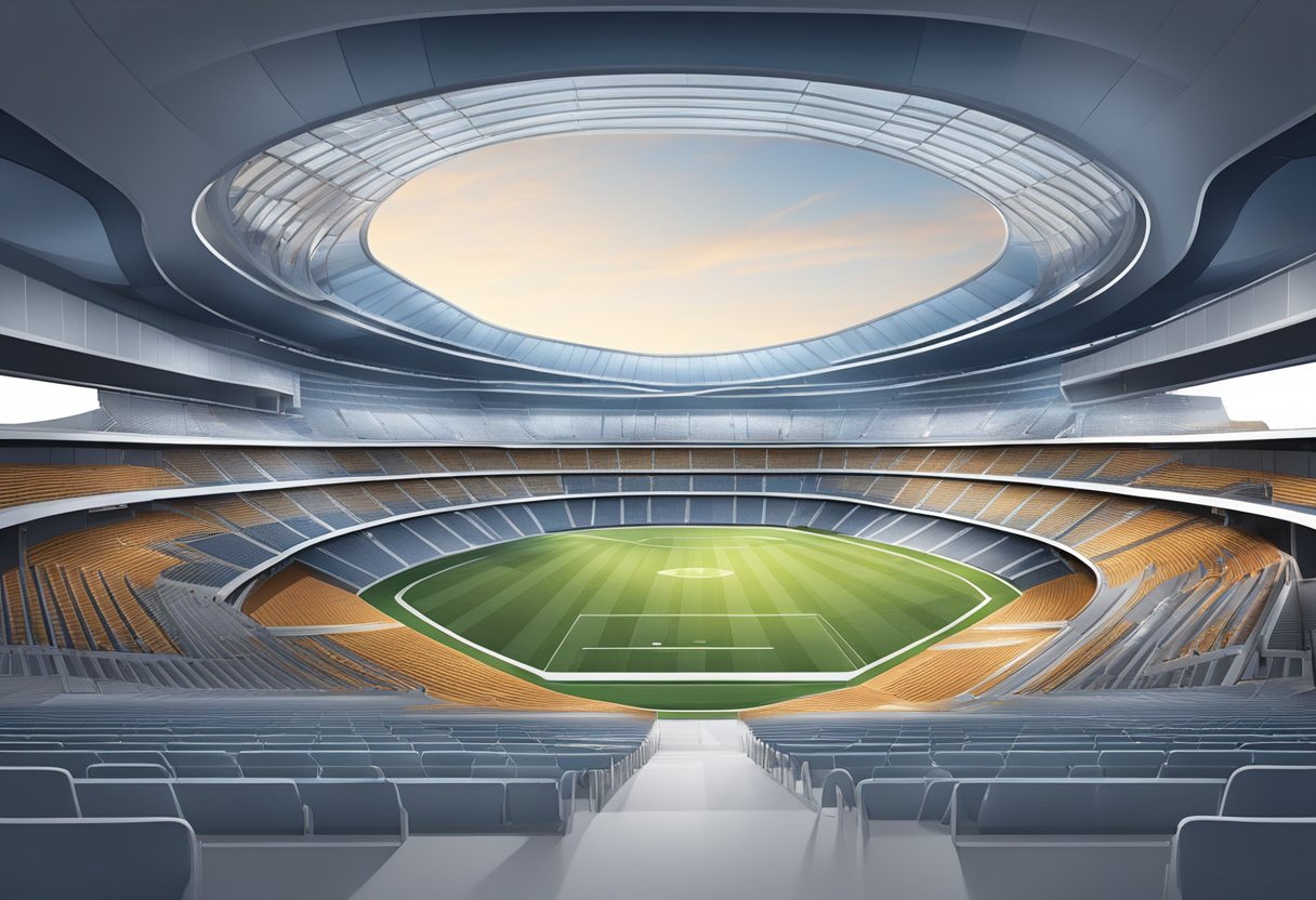 The stadium's modern design features a sweeping roof and tiered seating, with a clear view of the field from all angles
