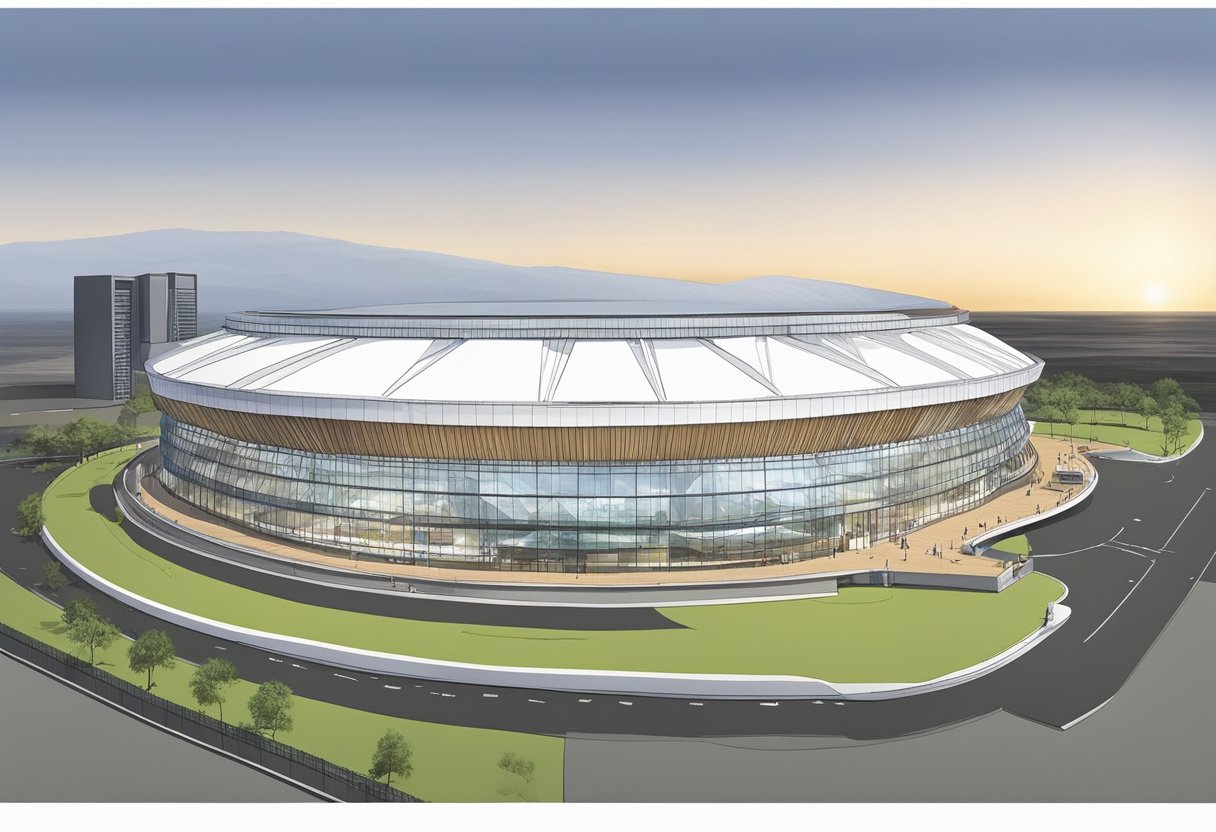 The Durban ICC Arena stands tall, with its modern design and spacious interior. The construction is impressive, with a detailed seating plan visible from every angle