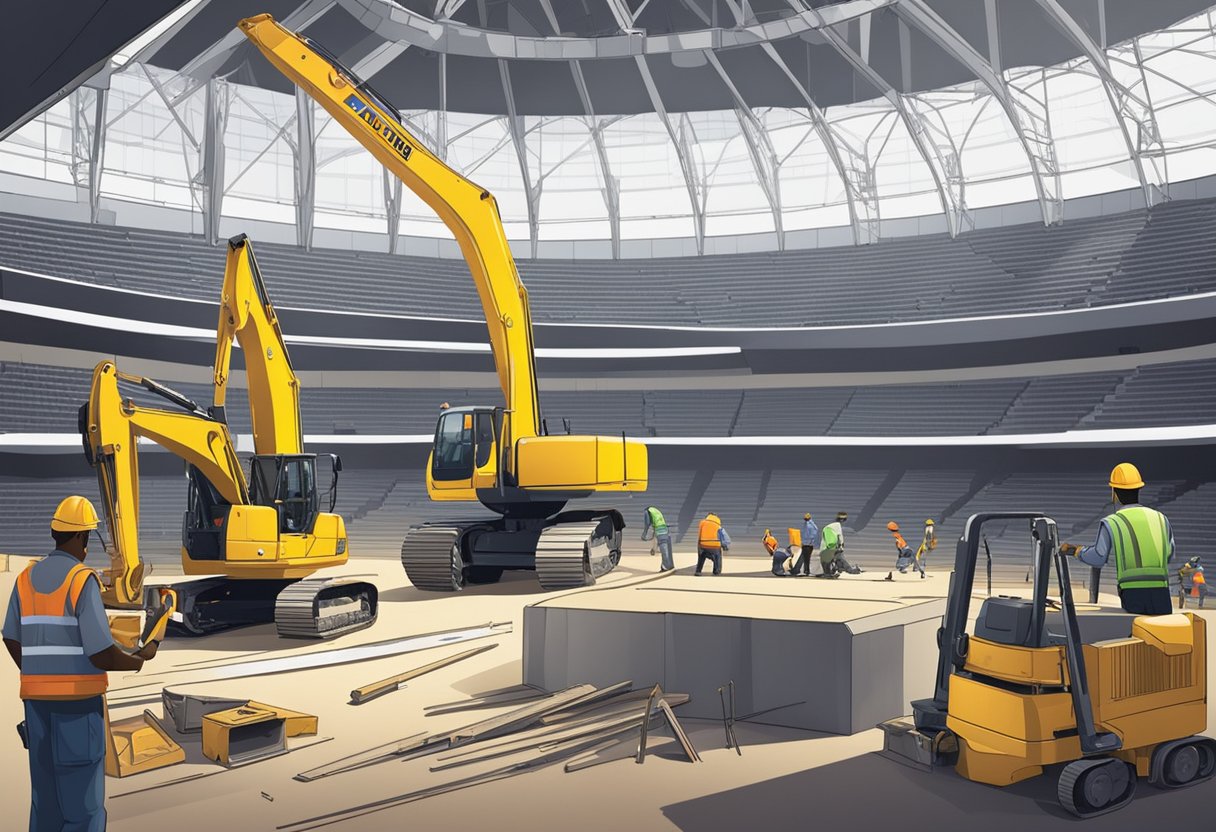 Construction workers assemble seating sections inside Durban ICC Arena. Machinery and tools are scattered around the area