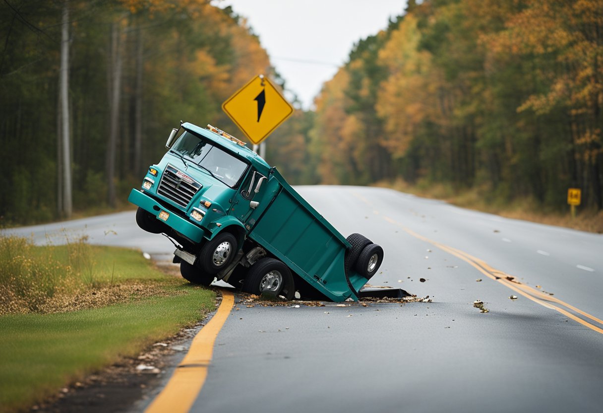 A tipped over truck on a Bluffton road, with debris scattered and a lawyer's office sign visible in the background