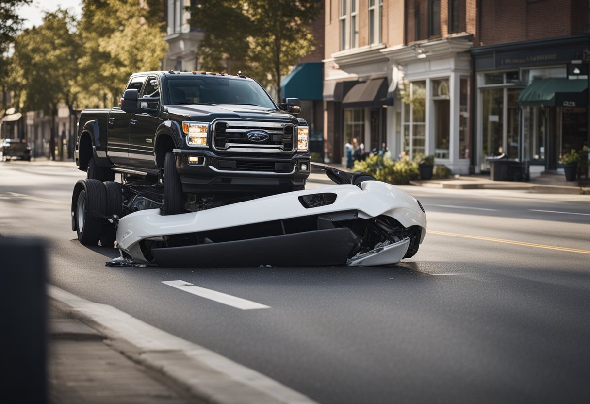 A truck crashes into a car on a busy street in Bluffton. The truck's logo is visible, and the car is badly damaged. Skid marks lead to the collision