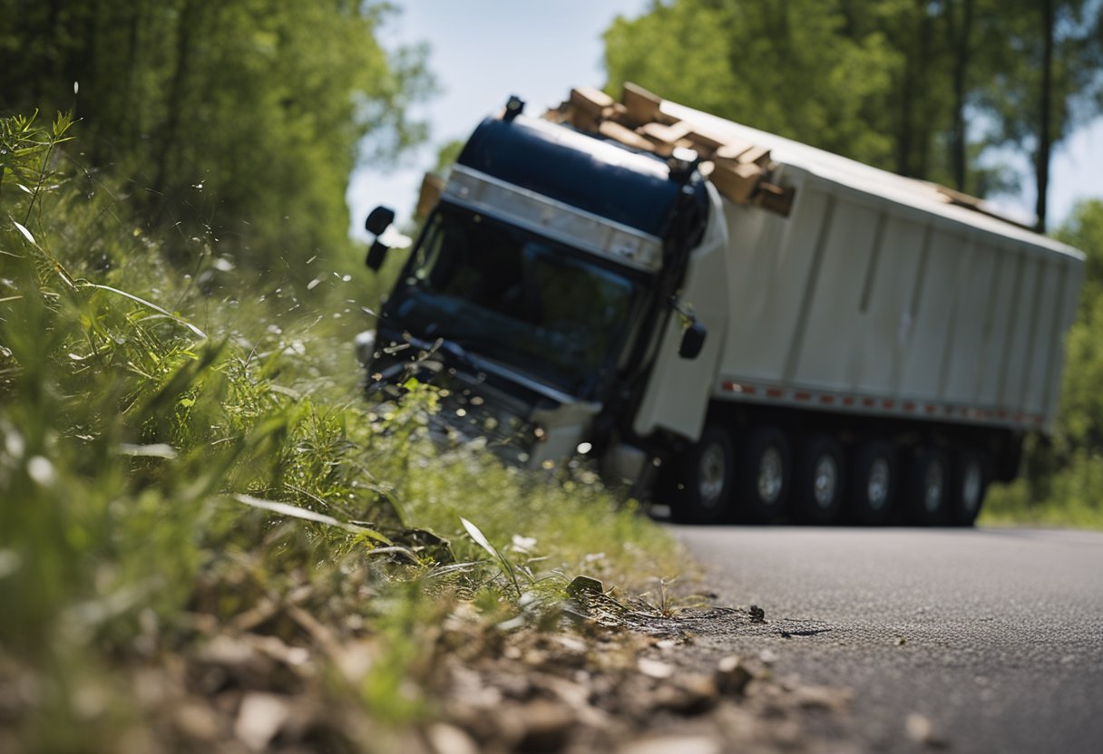 The Time Truck skids off the road, leaving a trail of debris in its wake. The overturned vehicle rests on its side, its contents spilled out onto the ground