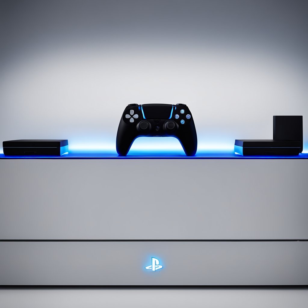 A sleek black PS5 console sits on a clean, modern entertainment center. The console's sharp edges and glowing blue accents catch the eye, while the controller rests nearby, ready for action