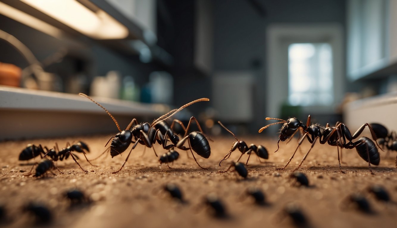 Ants being lured to chemical bait traps in a kitchen, with a focus on the traps and the ants swarming around them