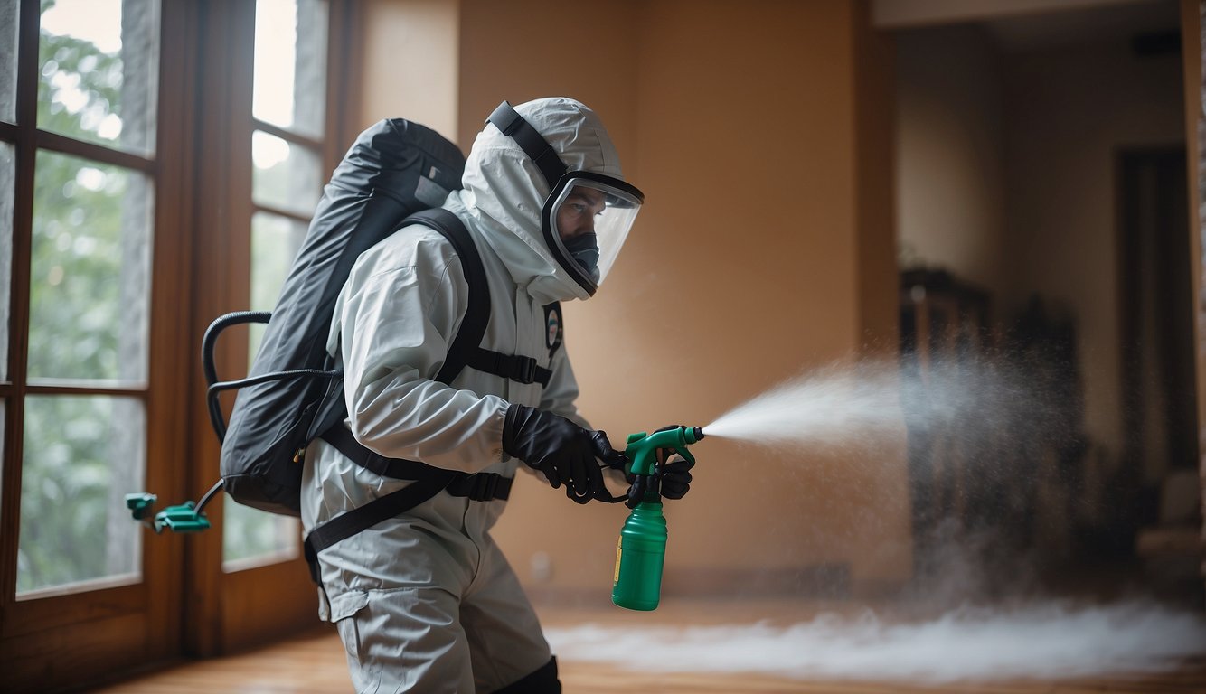 A professional exterminator sprays insecticide indoors to eliminate ants