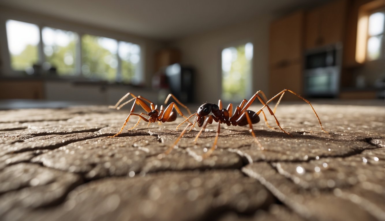Ants crawling from cracks in a kitchen floor, a trail leading to a sugar spill. A pest control technician setting up bait stations and sealing entry points