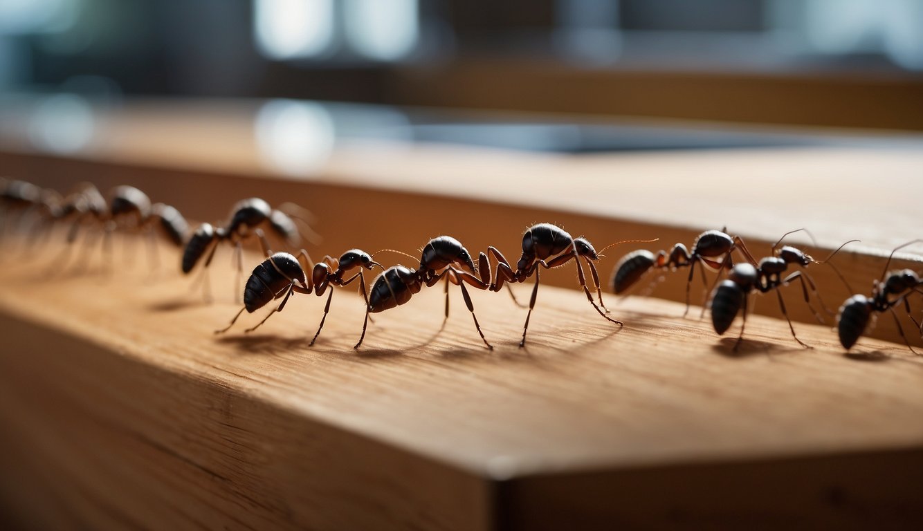 Ants marching in a line towards bait traps and crawling around kitchen counters and cabinets