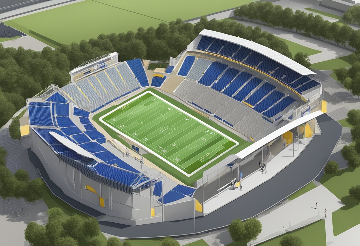 The construction of Huntersfield Stadium is underway. The seating plan shows sections for VIPs, general admission, and accessible seating