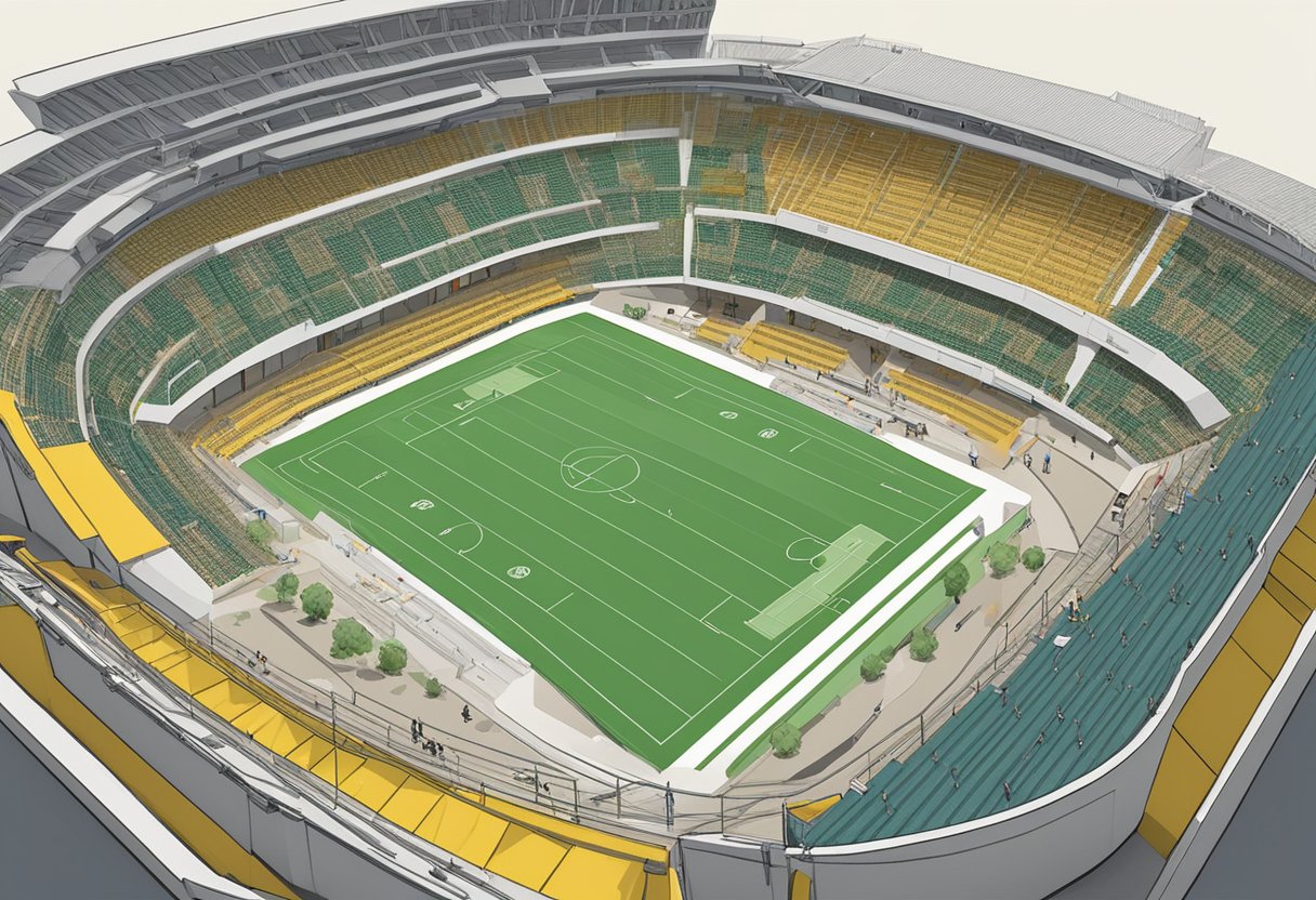 The stadium construction shows workers assembling the seating plan inside Huntersfield Stadium