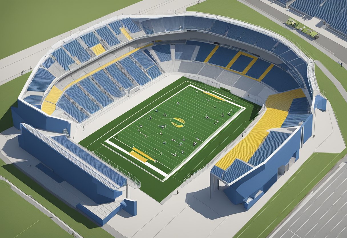 Workers construct stadium seating inside Huntersfield Stadium. Blueprints guide the placement of each section