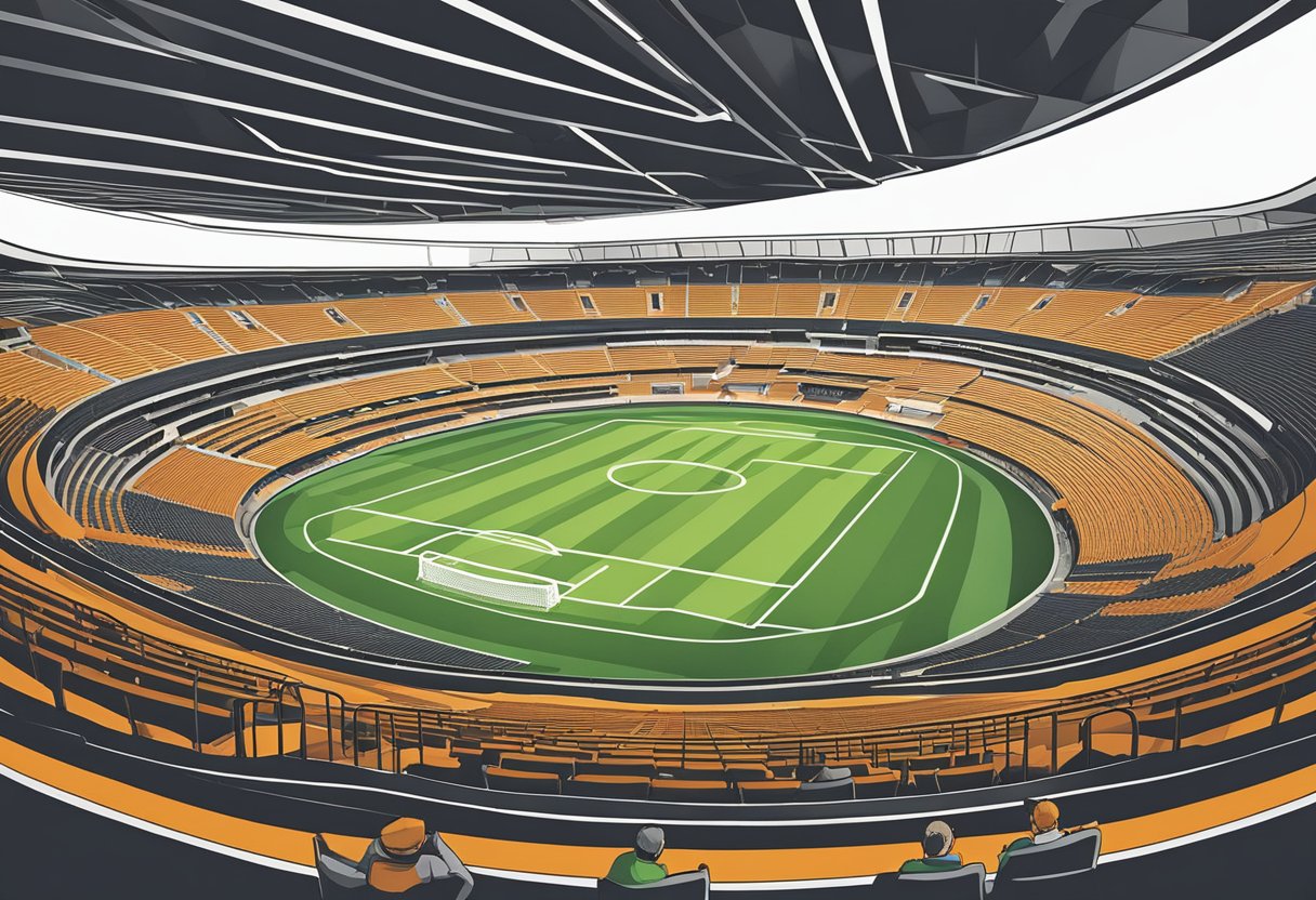 The grand stadium of Soccer City features a circular seating plan, with tiers of seats rising high around the field. The architecture is modern and sleek, with bold lines and a dynamic, energetic feel