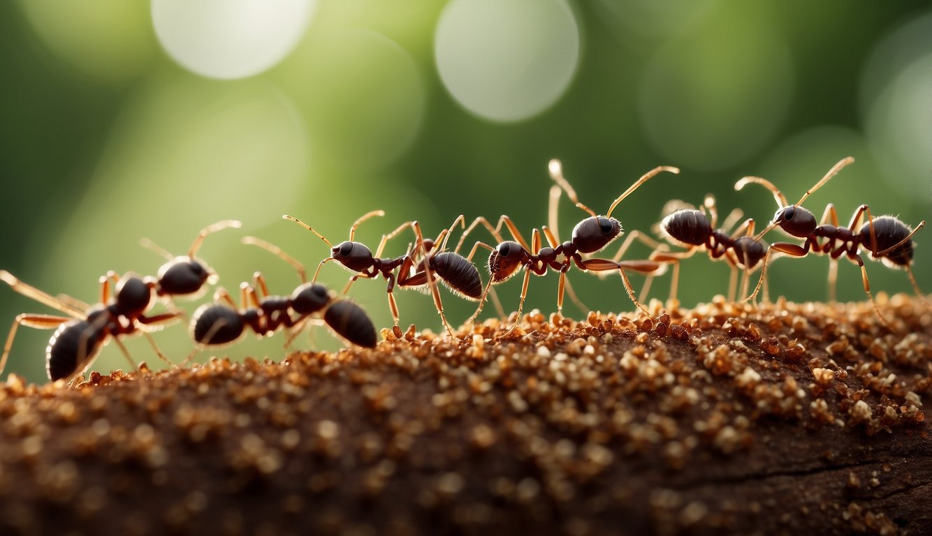 A line of ants avoiding a barrier of cinnamon and peppermint oil