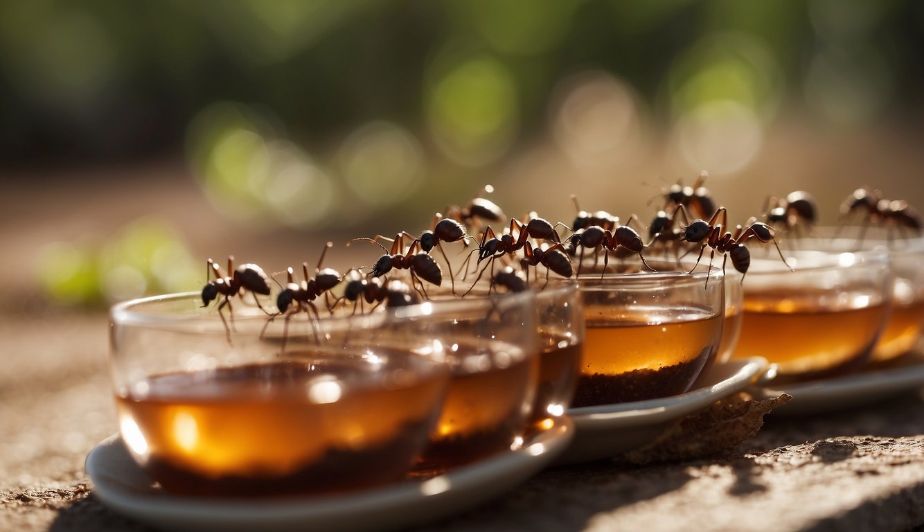 Ants swarm around a line of cinnamon and vinegar, avoiding the barrier. A small dish of sugar water lures them away