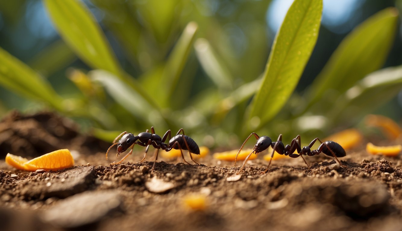 Ants crawling near a garden, surrounded by natural repellents like cinnamon, vinegar, and citrus peels