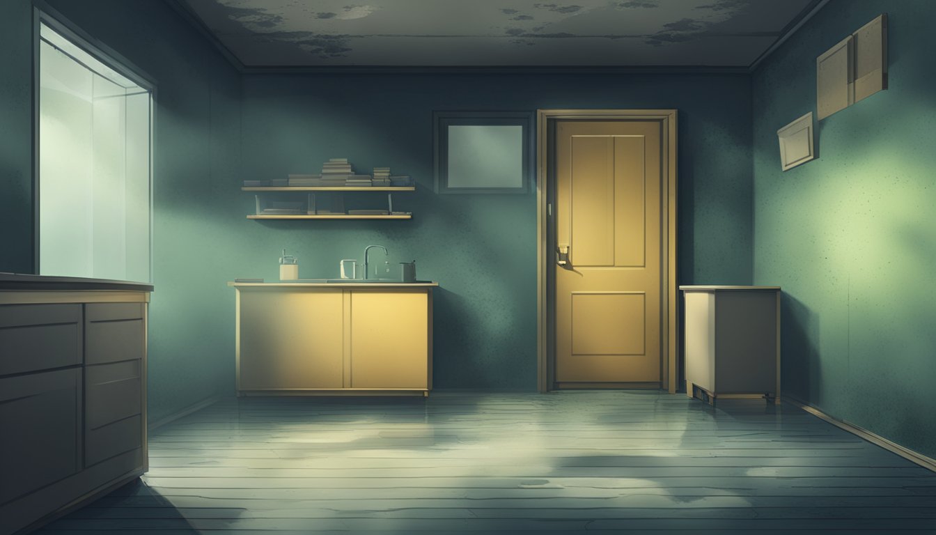 A dark, damp room with visible mold growth on walls and ceiling. Musty odor lingers in the air. Dust particles float in the dim light, creating an eerie atmosphere