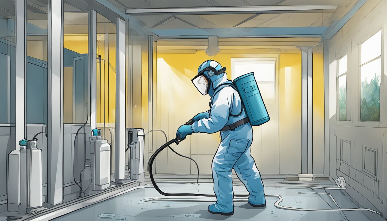 A technician wearing protective gear applies mold remediation techniques to a contaminated area. Air scrubbers and dehumidifiers are used to remove moisture and spores