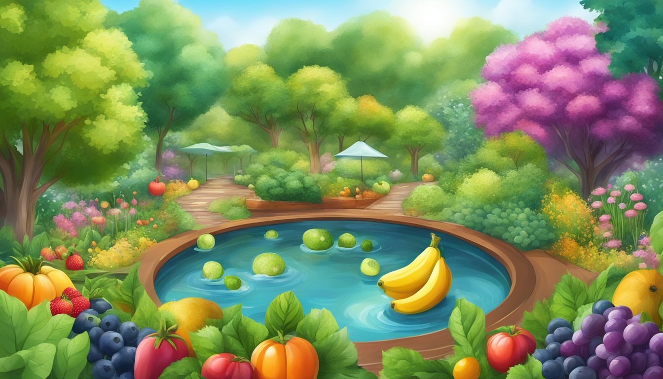 A healthy, vibrant garden with colorful fruits and vegetables, surrounded by fresh air and clean water, symbolizing a strong immune system against mold toxins